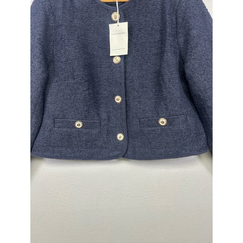 Old Money Free Assembly Womens L Navy Boucle Crew Neck Gold Button Crop Jacket - Picture 11 of 12